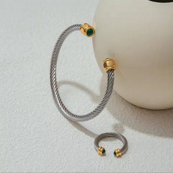 Anthropologie Malachite Stainless Steel Bracelet&Ring Set - Picture 6 of 8